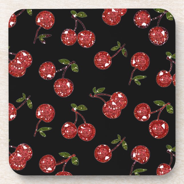 RAB Rockabilly Very Cherry Cherries On Black Drink Coaster (Front)