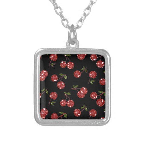 RAB Rockabilly Very Cherry Cherries On Black Silver Plated Necklace