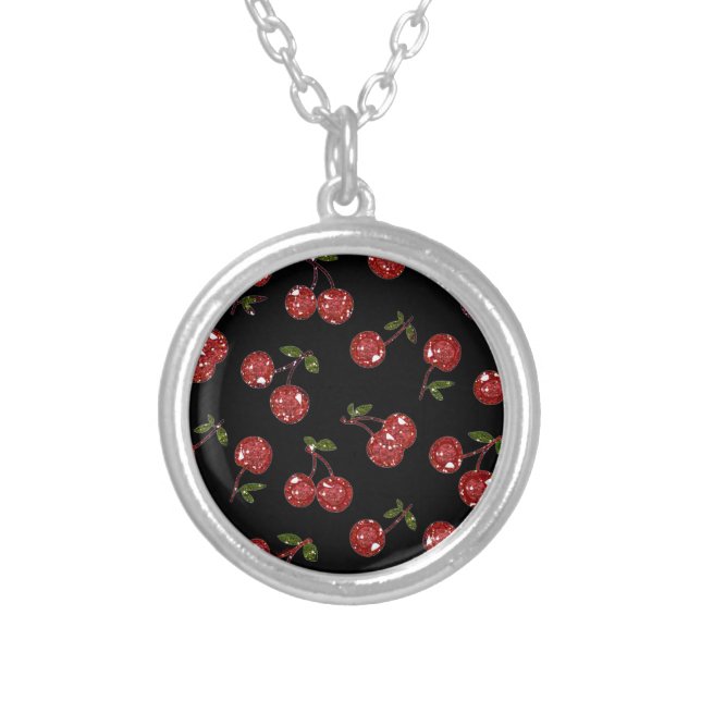 RAB Rockabilly Very Cherry Cherries On Black Silver Plated Necklace (Front)