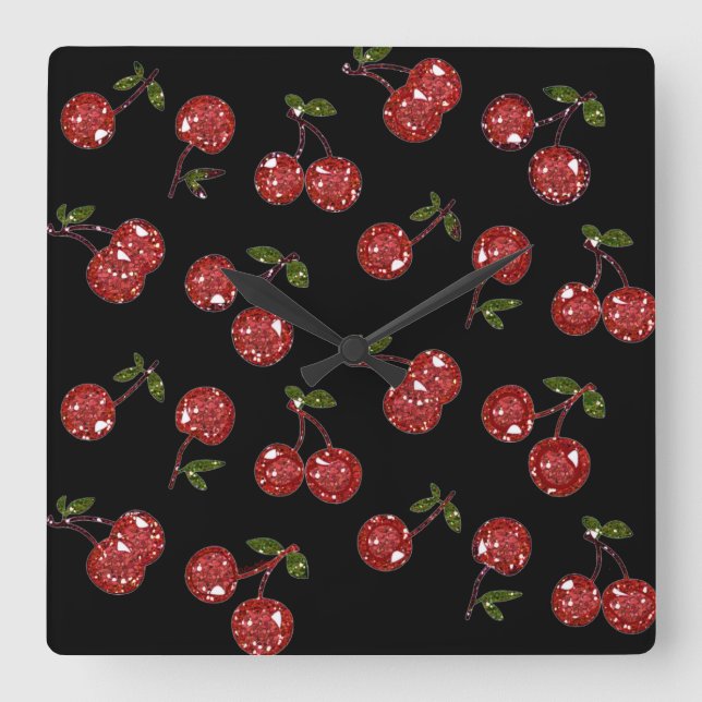 RAB Rockabilly Very Cherry Cherries On Black Square Wall Clock (Front)