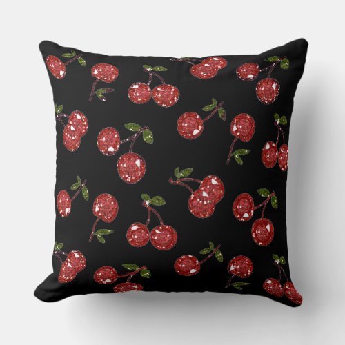 RAB Rockabilly Very Cherry Cherries On Black Throw Pillow