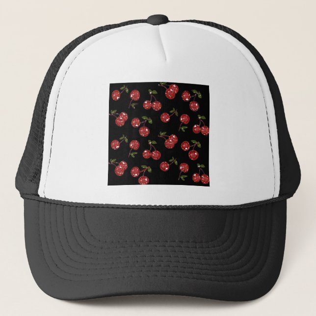 RAB Rockabilly Very Cherry Cherries On Black Trucker Hat (Front)
