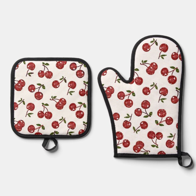 RAB Rockabilly Very Cherry Cherries On White Oven Mitt & Pot Holder Set (Front)