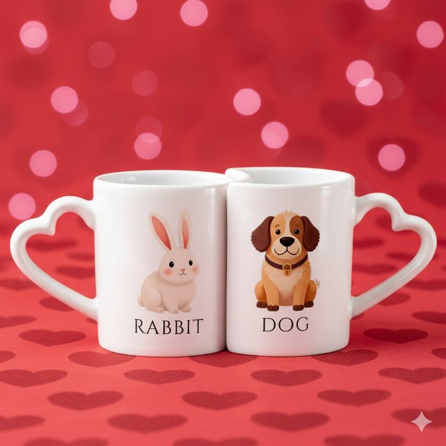 Rabbit 兔 Dog 狗 Chinese Zodiac Coffee Mug Set (Whimsical Asian Rabbit and Dog Lovers' Nesting Mugs Cover Photo)
