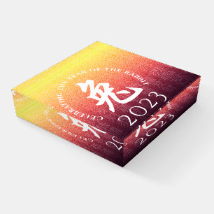 Rabbit 兔 Red Gold Chinese Zodiac Lunar Symbol Paperweight