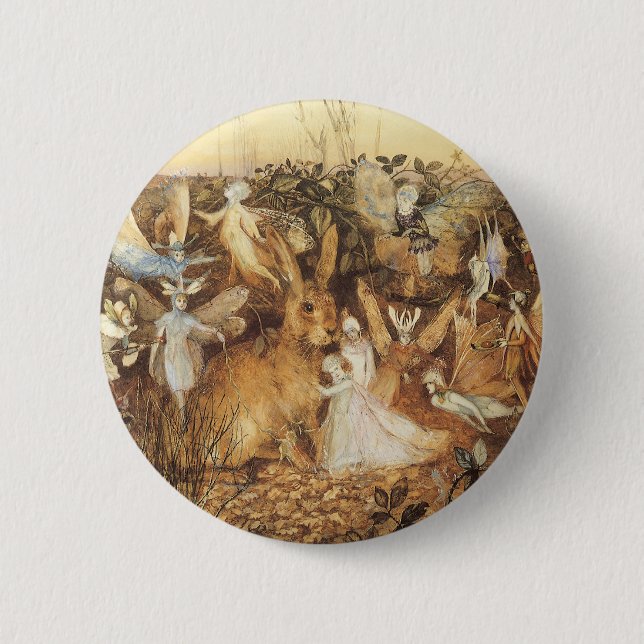 Rabbit Among the Fairies, Vintage Fairy Tales Button (Front)