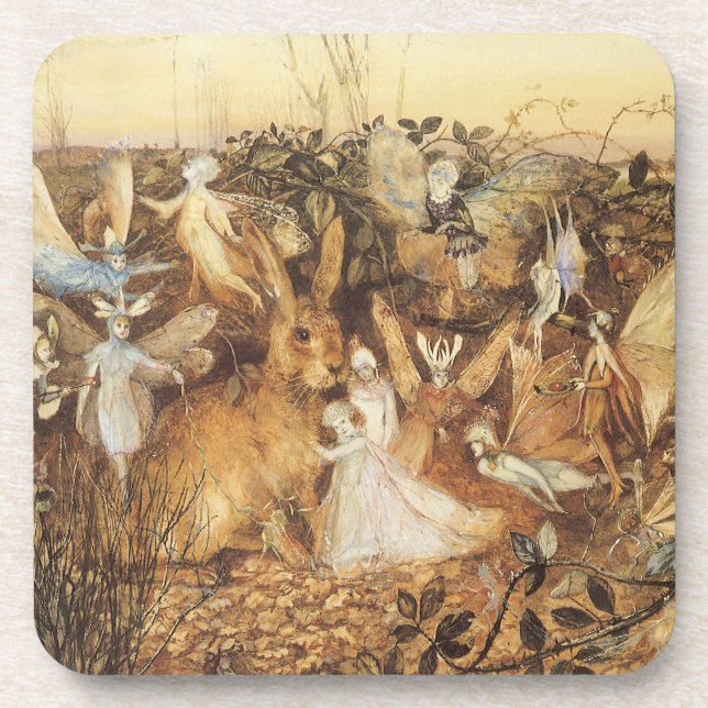 Rabbit Among the Fairies, Vintage Fairy Tales Coaster (Front)
