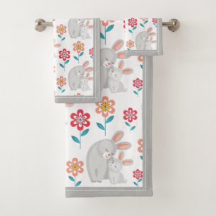 Rabbit and bunny, flowers pattern gray Mothers Day Bath Towel Set