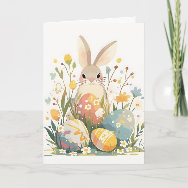 Rabbit and Easter Eggs Pastel Holiday Card (Front)