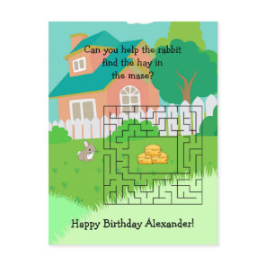 Rabbit and Hay Birthday Maze Postcards for Kids
