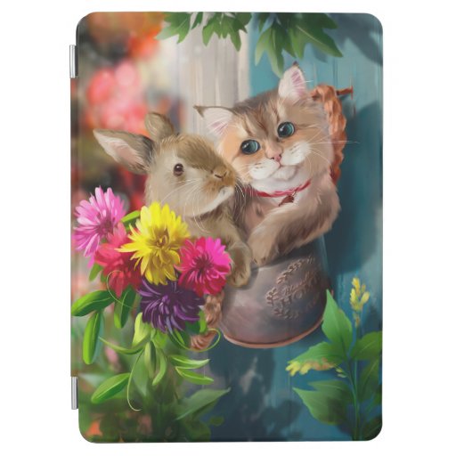 Rabbit and kitten in a bucket of flowers	 iPad air cover