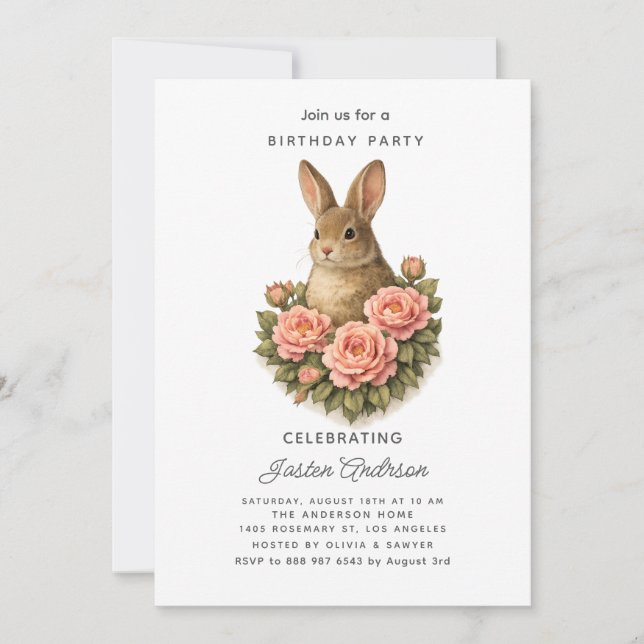 Rabbit and Pink Flowers Birthday Party Invitation (Front)