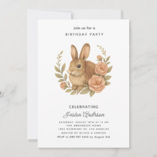 Rabbit and Pink Flowers Birthday Party Invitation
