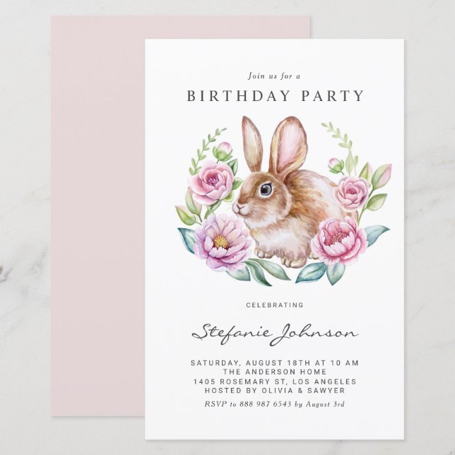 Rabbit and Pink Flowers Birthday Party Invitation (Front/Back)