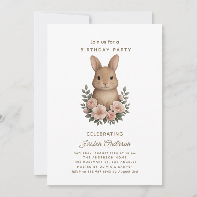 Rabbit and Pink Flowers Birthday Party Invitation (Front)