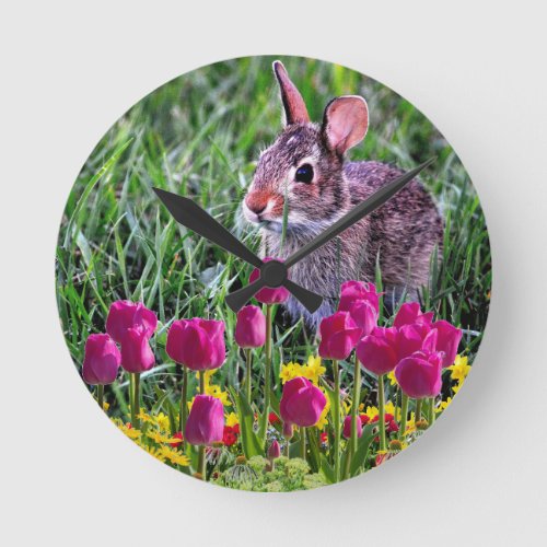 Rabbit and Pink Tulip Flowers Spring Season Round  Round Clock