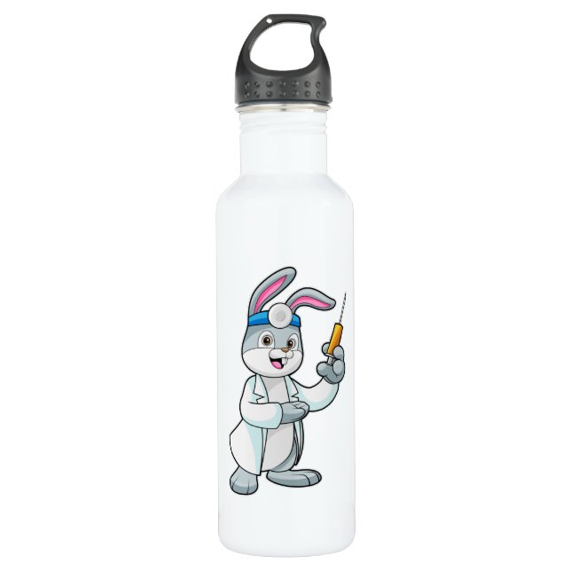 Rabbit as Doctor at Vaccination with Syringe Stainless Steel Water Bottle (Front)
