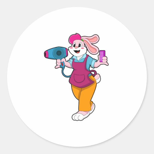 Rabbit as Hairdresser with Hair dryer & Comb Classic Round Sticker (Front)