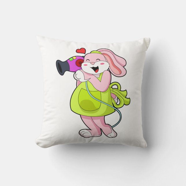 Rabbit as Hairdresser with Hairdryer Throw Pillow (Front)