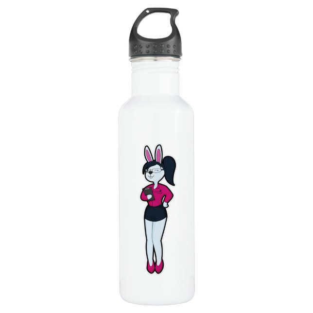 Rabbit as Secretary with Notepad & Glasses Stainless Steel Water Bottle (Front)