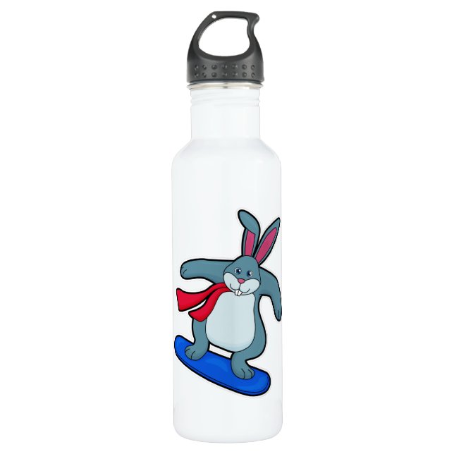 Rabbit as Snowboarder with Snowboard & Scarf Stainless Steel Water Bottle (Front)