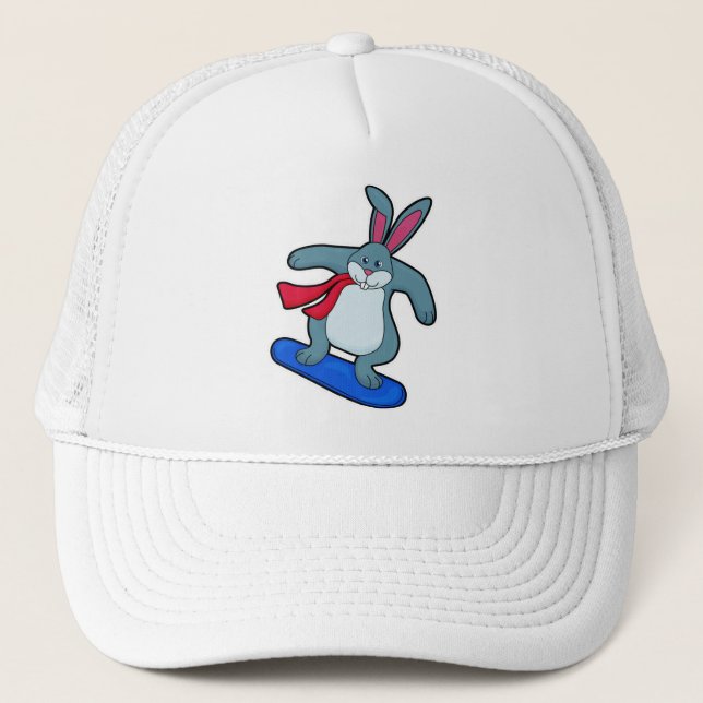 Rabbit as Snowboarder with Snowboard & Scarf Trucker Hat (Front)