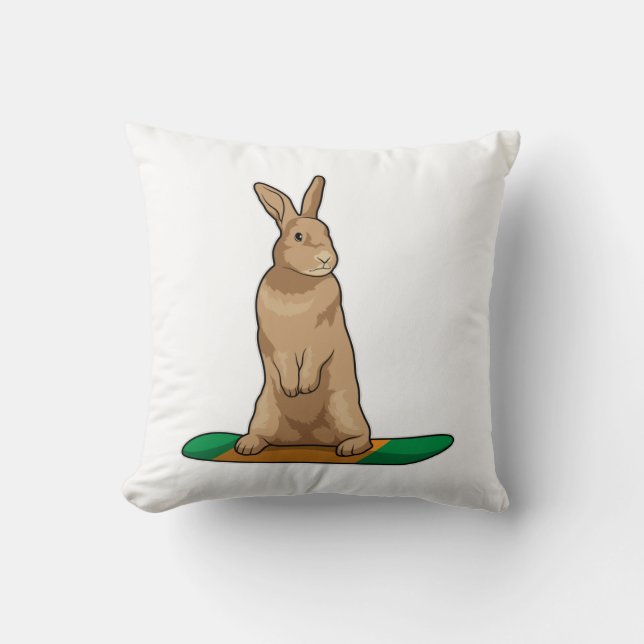 Rabbit as Snowboarder with Snowboard Throw Pillow (Front)
