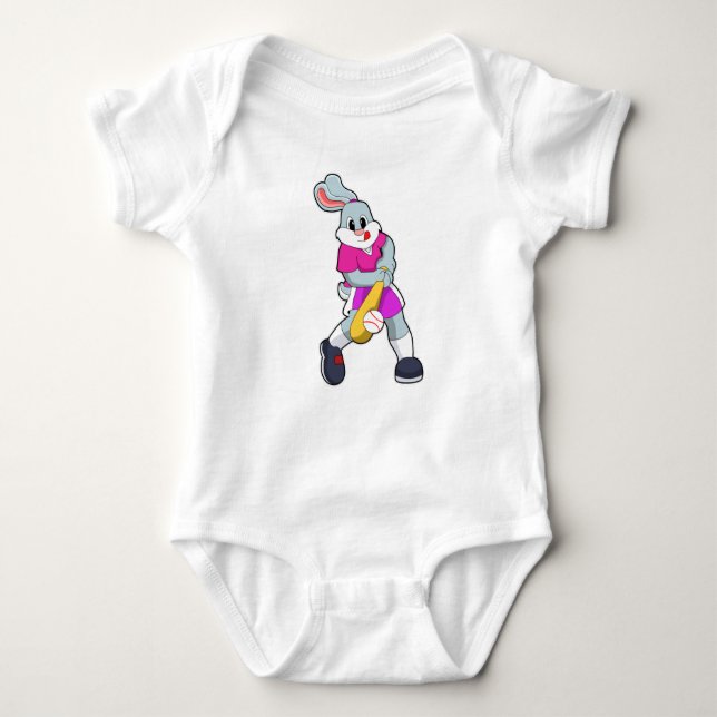 Rabbit at Baseball with Baseball bat Baby Bodysuit (Front)