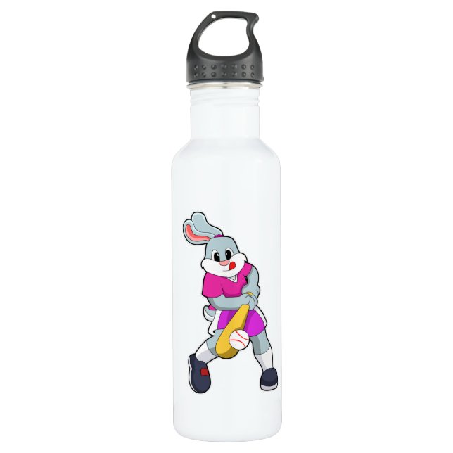 Rabbit at Baseball with Baseball bat Stainless Steel Water Bottle (Front)