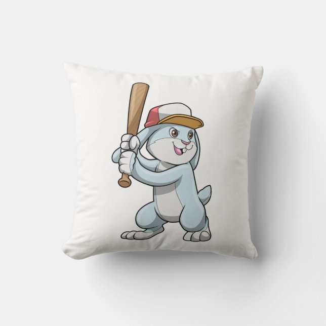 Rabbit at Baseball with Baseball bat Throw Pillow (Front)