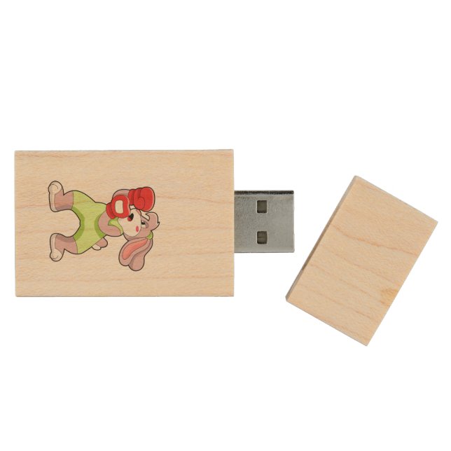 Rabbit at Boxing with Boxing gloves Wood Flash Drive (Opened)