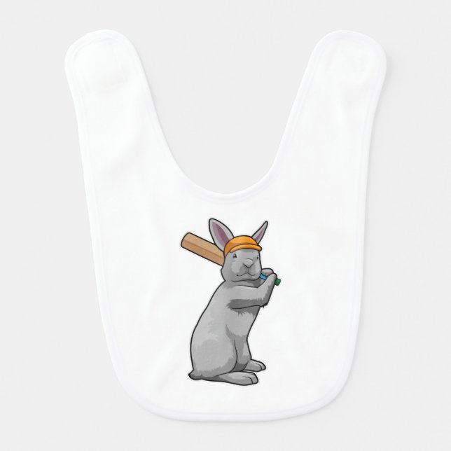 Rabbit at Cricket with Cricket bat Baby Bib (Front)