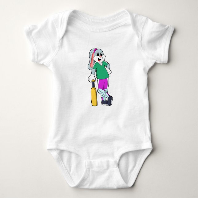 Rabbit at Cricket with Cricket bat Baby Bodysuit (Front)