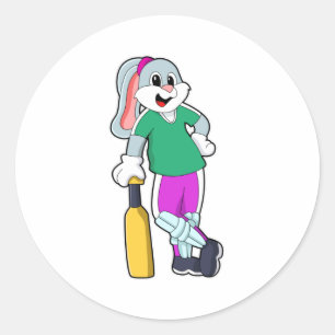 Rabbit at Cricket with Cricket bat Classic Round Sticker