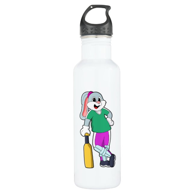 Rabbit at Cricket with Cricket bat Stainless Steel Water Bottle (Front)