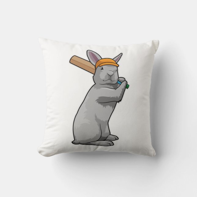 Rabbit at Cricket with Cricket bat Throw Pillow (Front)