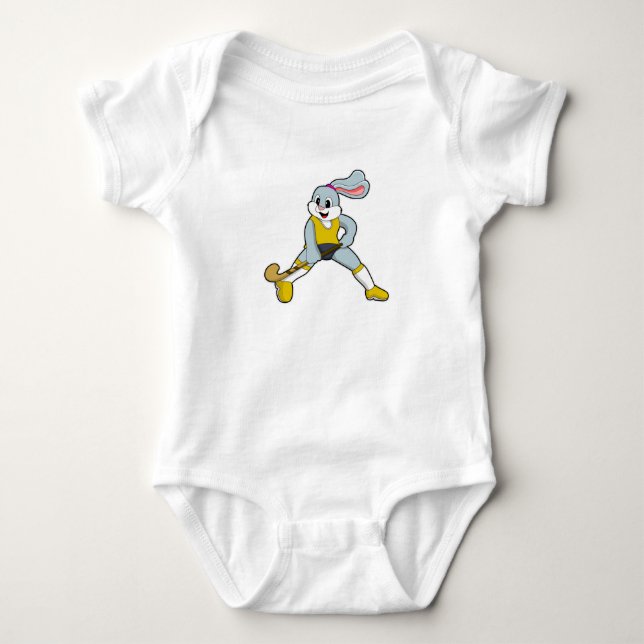 Rabbit at Hockey with Hockey bat Baby Bodysuit (Front)