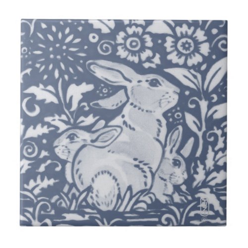 Rabbit  Babies Blue White Botanical Dedham Delft Ceramic Tile
