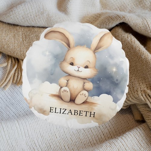 Rabbit baby blue sky beige boho nursery round pillow