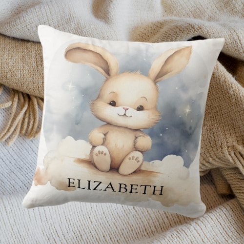 Rabbit baby blue sky beige boho nursery throw pillow