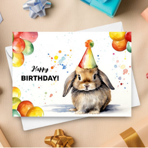 Rabbit Balloons and Party Hat Lop Bunny Birthday Card