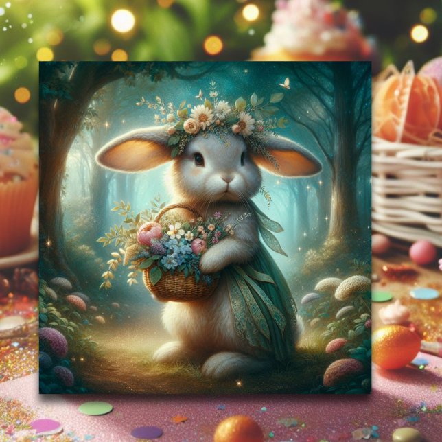 Rabbit Basket Of Flowers Whimsical Easter  Holiday Card (Creator Uploaded)