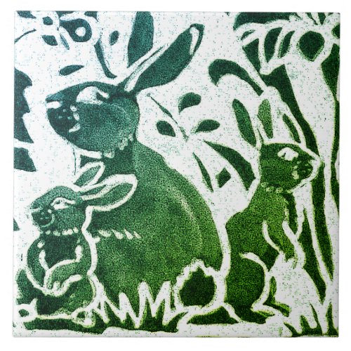 Rabbit Batik Modern Green Blue Floral Woodland Art Ceramic Tile