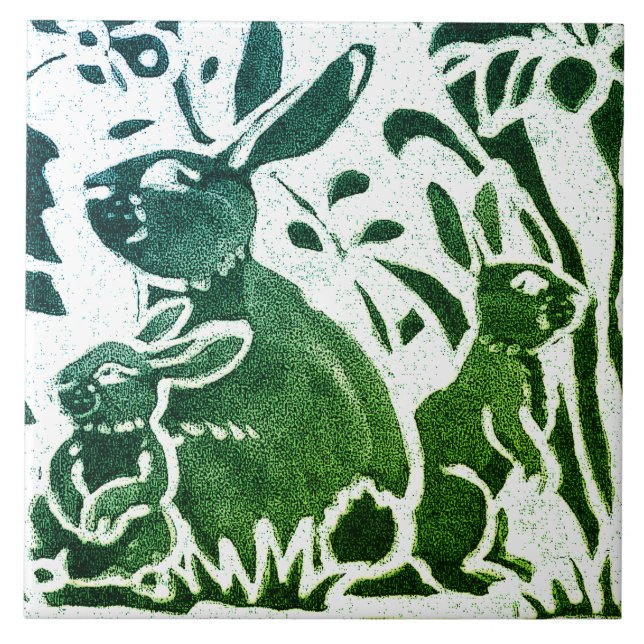Rabbit Batik Modern Green Blue Floral Woodland Art Ceramic Tile (Front)