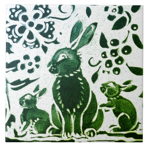 Rabbit Batik Modern Green Blue Floral Woodland Art Ceramic Tile