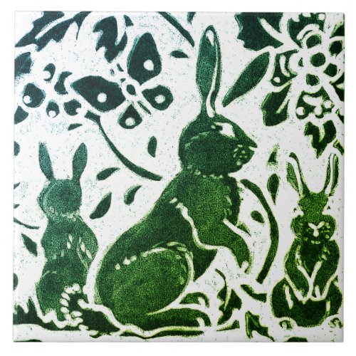 Rabbit Batik Modern Green Blue Floral Woodland Ceramic Tile