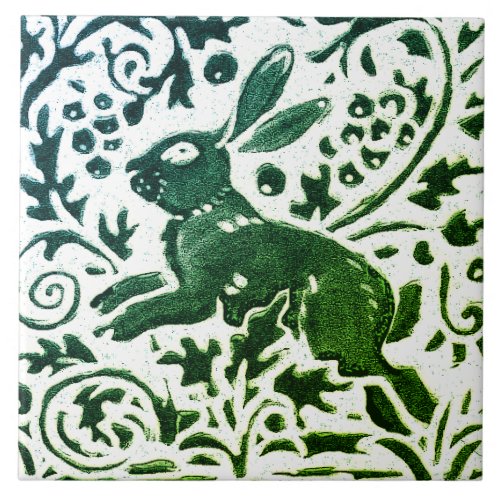 Rabbit Batik Modern Green Blue Floral Woodland Ceramic Tile