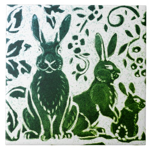 Rabbit Batik Modern Green Blue Floral Woodland Ceramic Tile