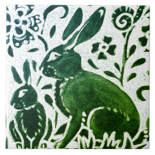 Rabbit Batik Modern Green Blue Floral Woodland Ceramic Tile