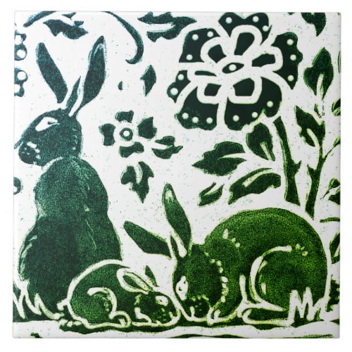 Rabbit Batik Modern Green Blue Floral Woodland Ceramic Tile